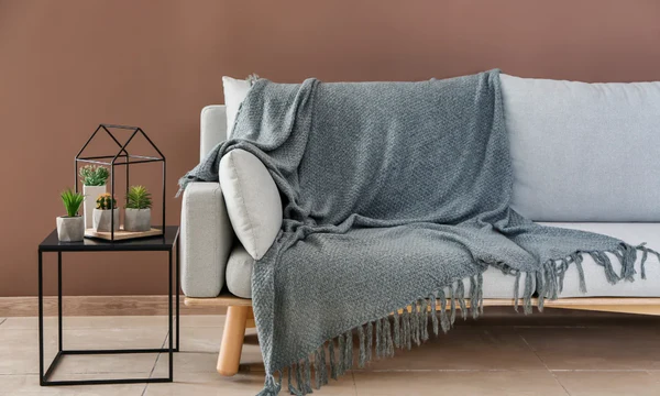 Sofá gris con una manta azul y mesa de metal con decoraciones verdes.