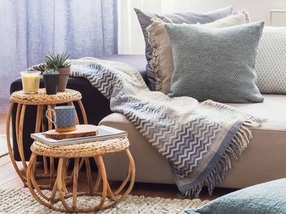 Sofá con cojines, manta, mesas de café y plantas decorativas.
