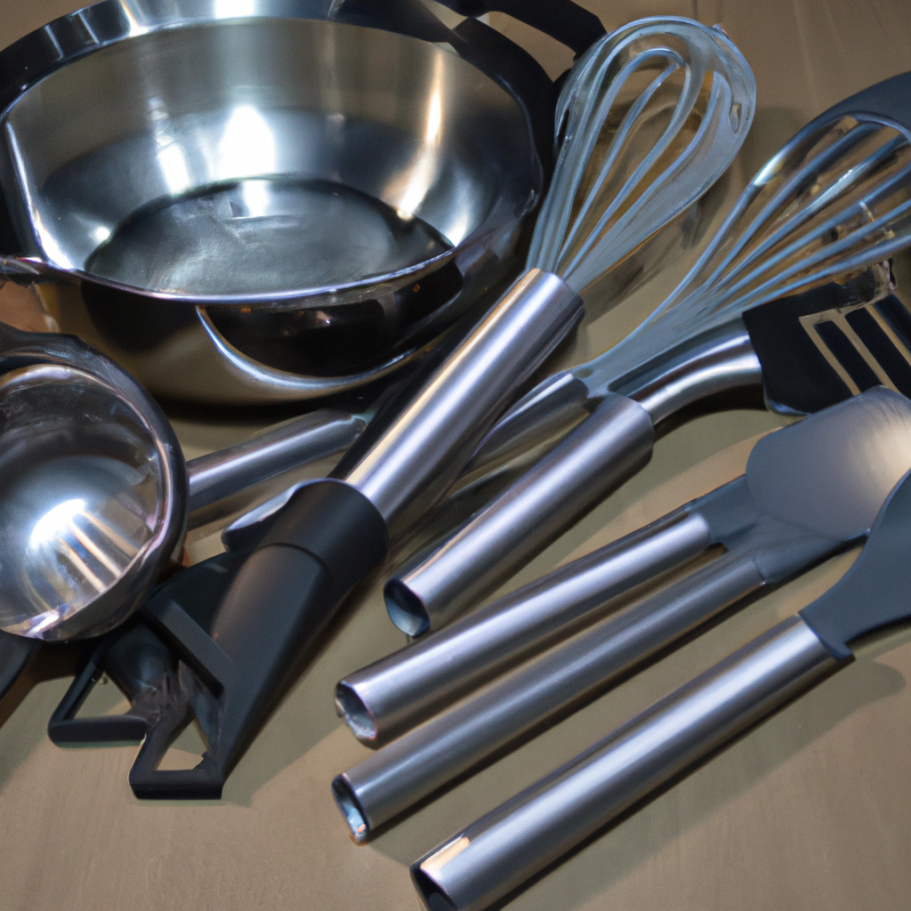 Conjunto de utensilios de cocina: batidor, recipientes y espátulas de acero inoxidable.