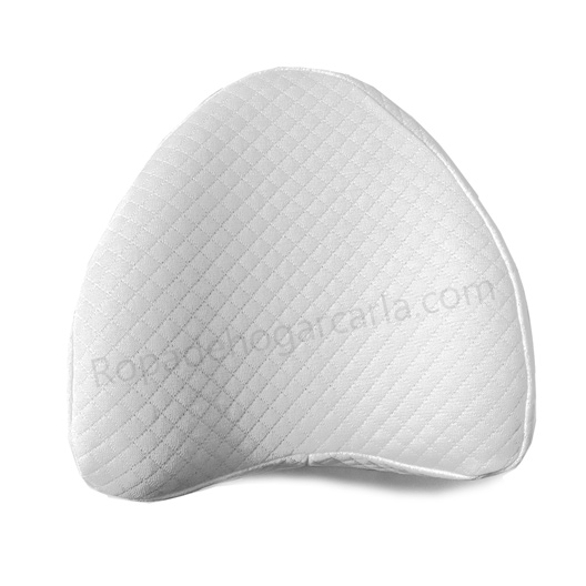 Almohada ergonómica en forma de media luna, color blanco y textura acolchada.