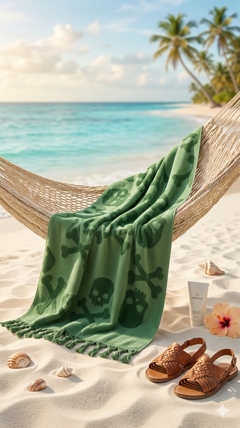 Hamaca con toalla verde y sandalias en la playa, con palmeras y mar de fondo.