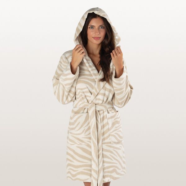 Albornoz Capucha estampado Zebra Soft Mujer con bata de baño con capucha y estampado de cebra en tonos beige.