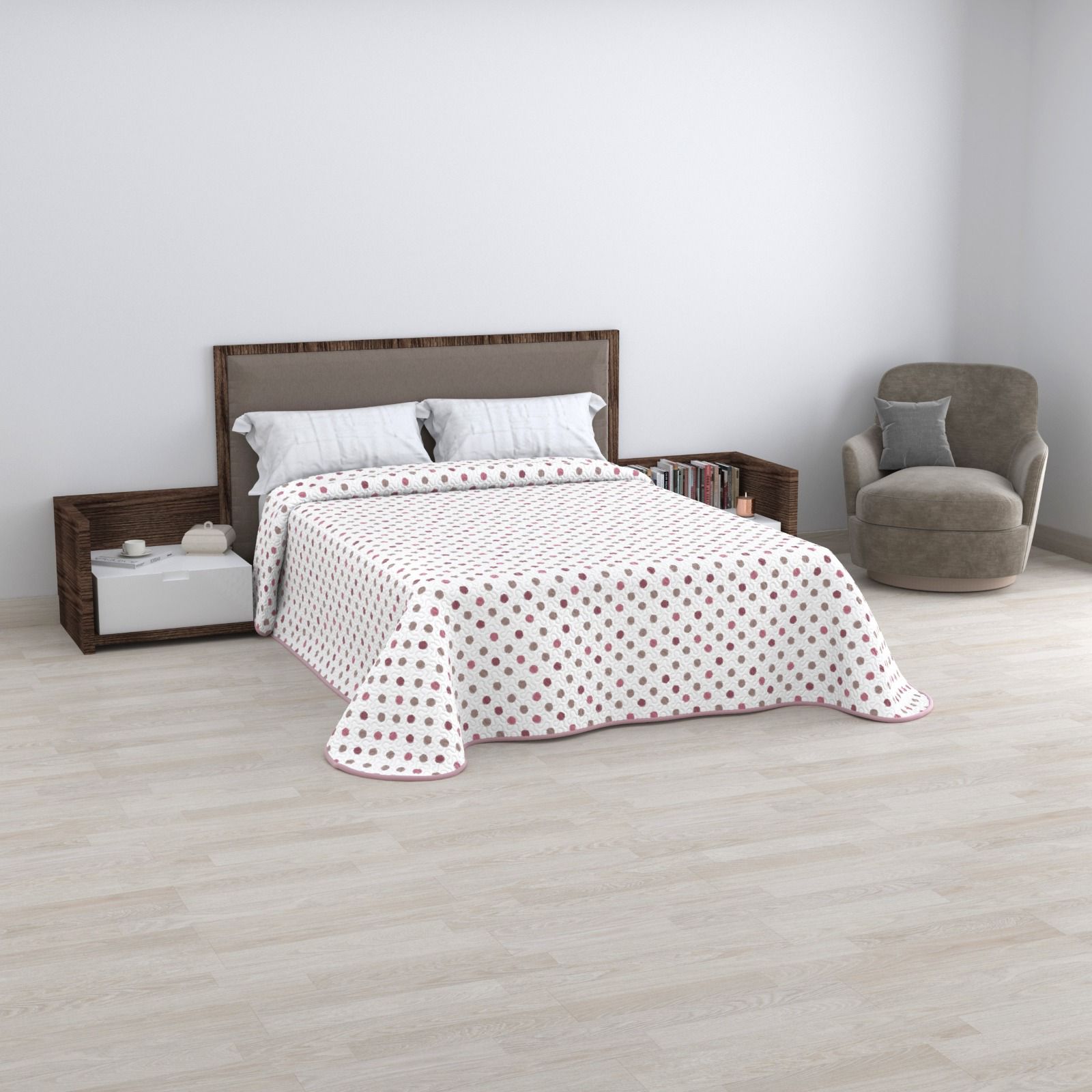 Eco bouti Maxi Cama con colcha de cuadros rojos y blancos, sillón gris y estantería en un ambiente minimalista.