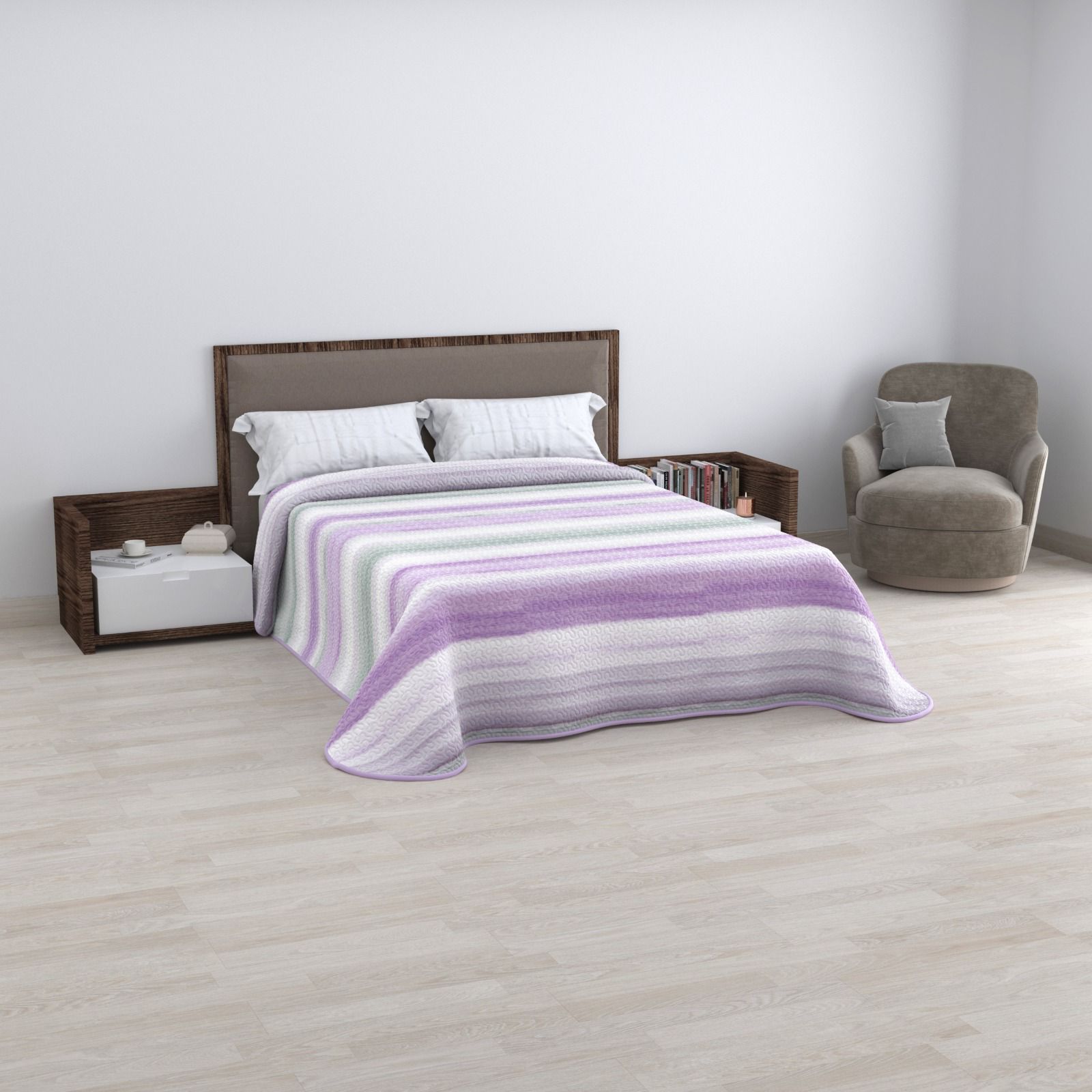 Eco bouti Tecno Cama con cubre cama de rayas moradas y sillas en un dormitorio minimalista.